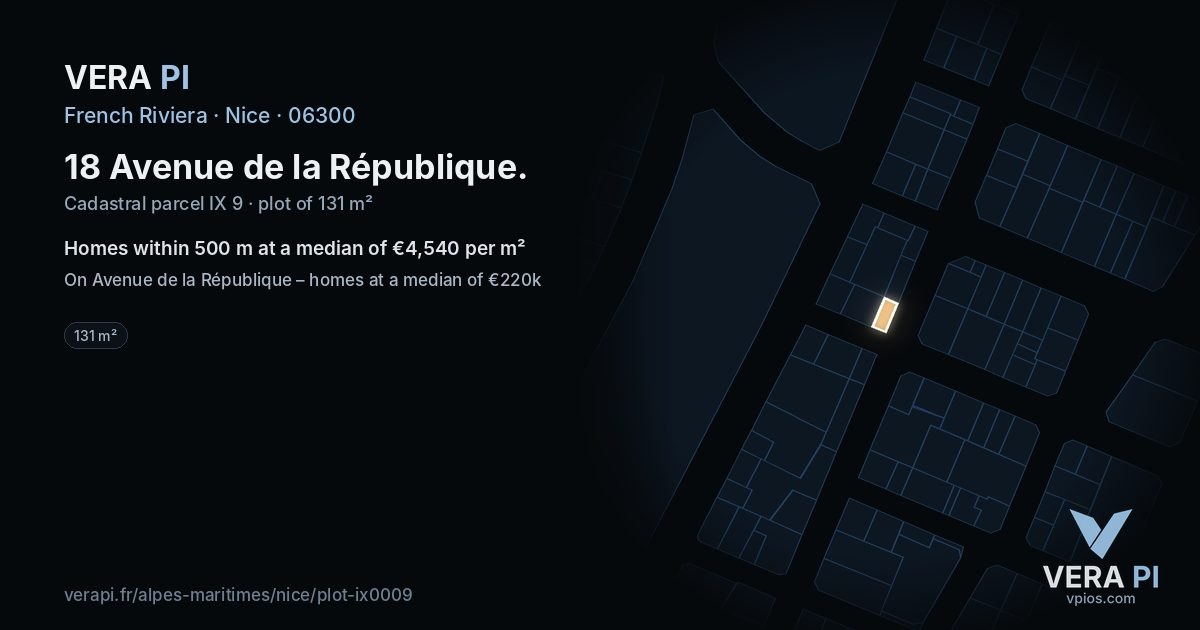 18 Avenue de la République, Nice at night – the plot lit, the parcels around coloured by the prices near them