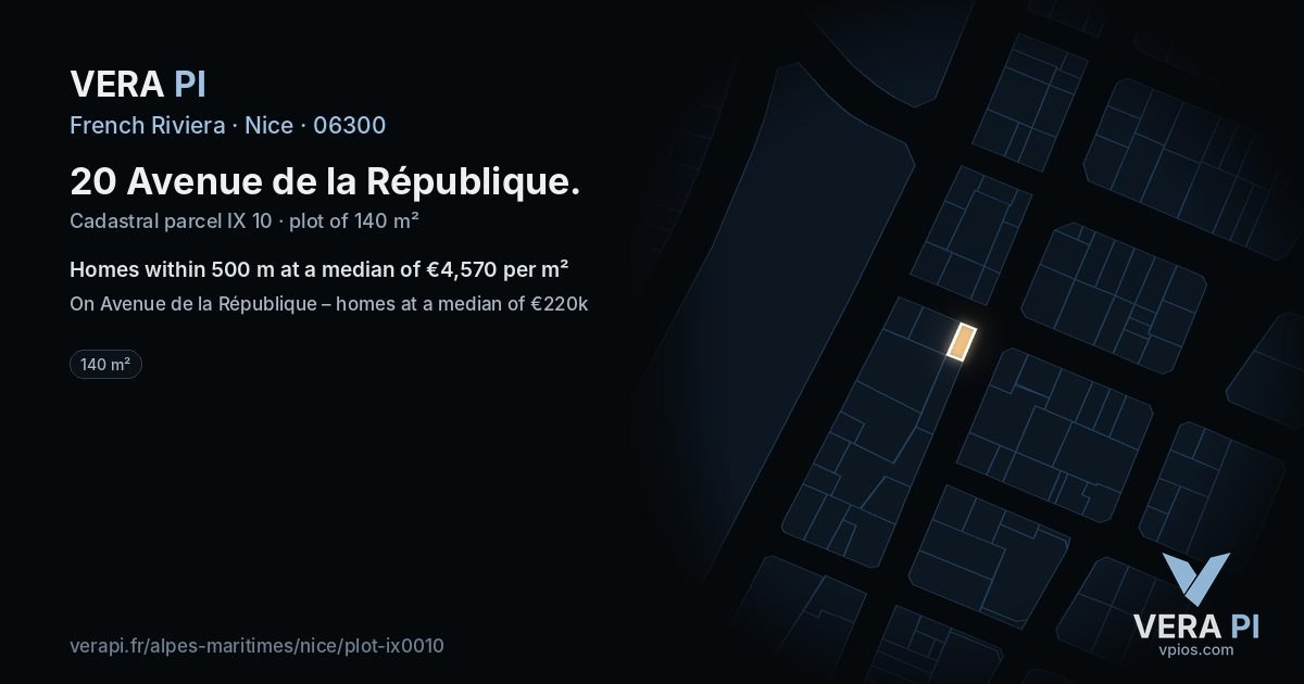 20 Avenue de la République, Nice at night – the plot lit, the parcels around coloured by the prices near them
