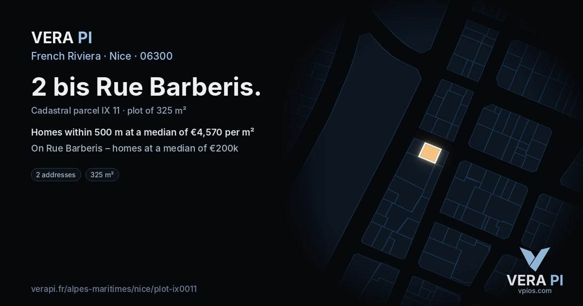 2 bis Rue Barberis, Nice at night – the plot lit, the parcels around coloured by the prices near them