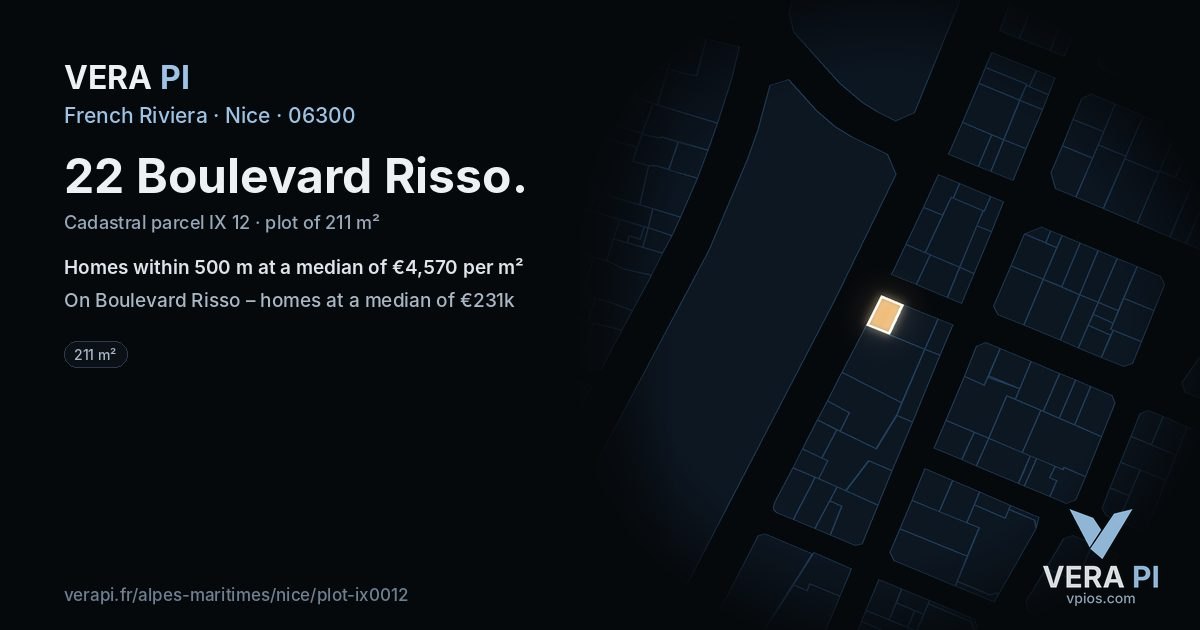 22 Boulevard Risso, Nice at night – the plot lit, the parcels around coloured by the prices near them