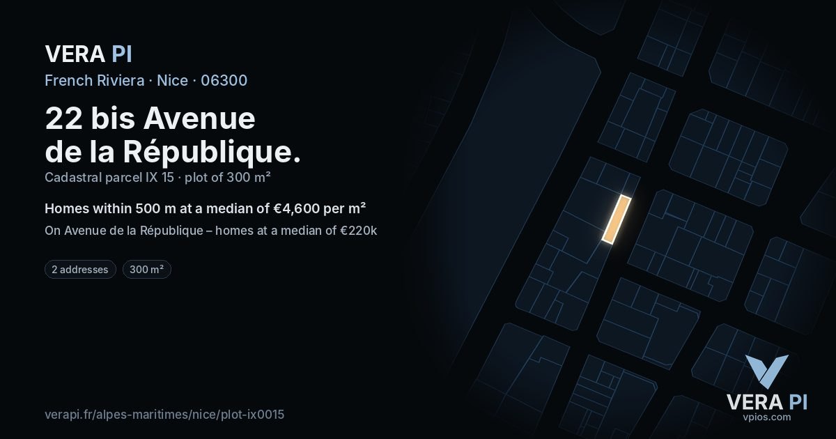 22 bis Avenue de la République, Nice at night – the plot lit, the parcels around coloured by the prices near them