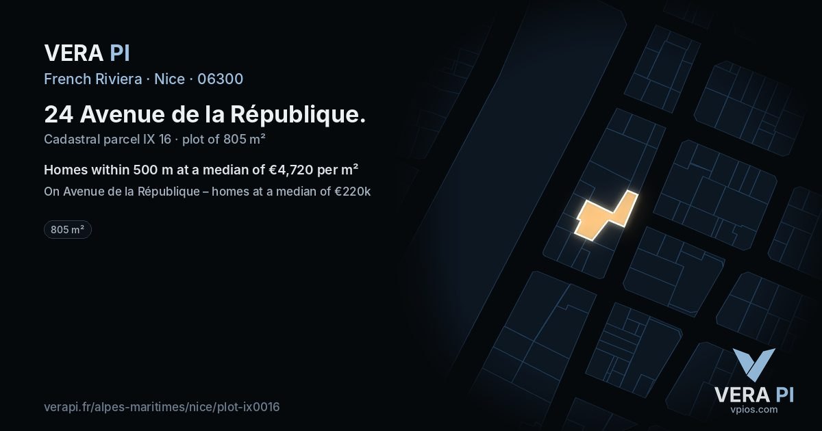 24 Avenue de la République, Nice at night – the plot lit, the parcels around coloured by the prices near them