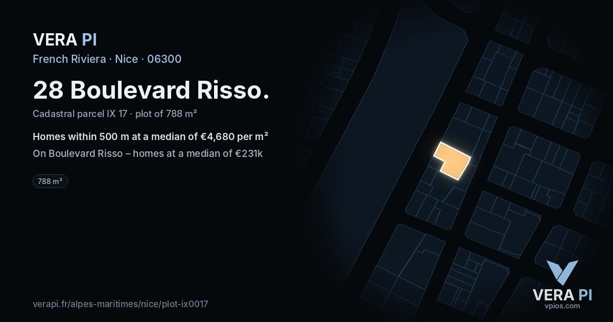 28 Boulevard Risso, Nice at night – the plot lit, the parcels around coloured by the prices near them