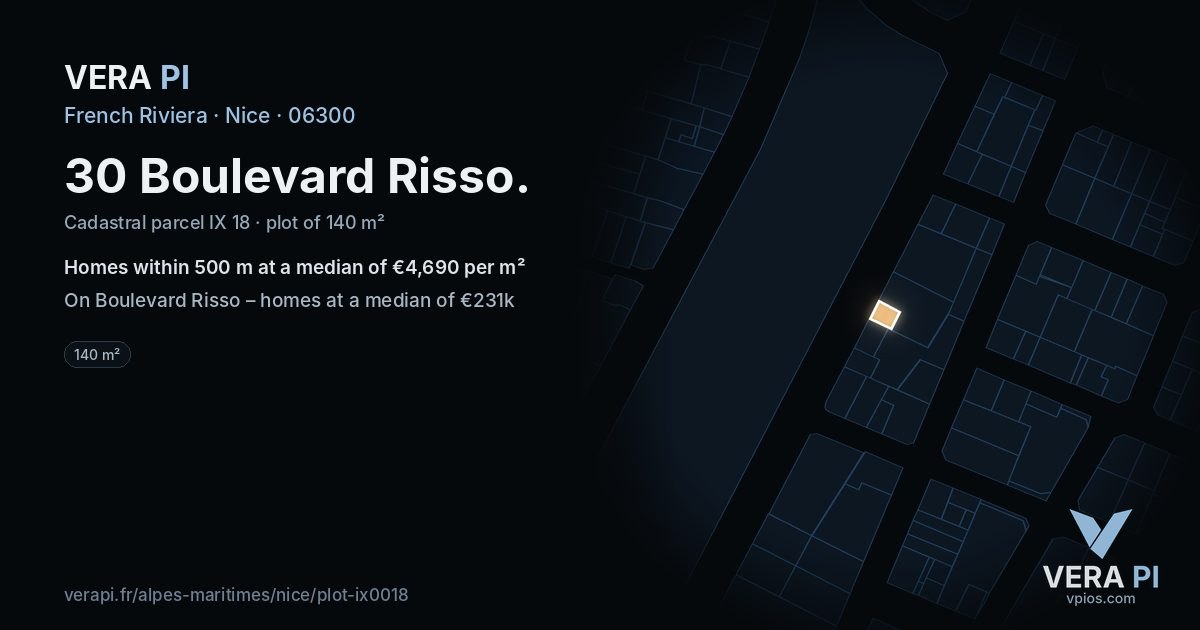 30 Boulevard Risso, Nice at night – the plot lit, the parcels around coloured by the prices near them