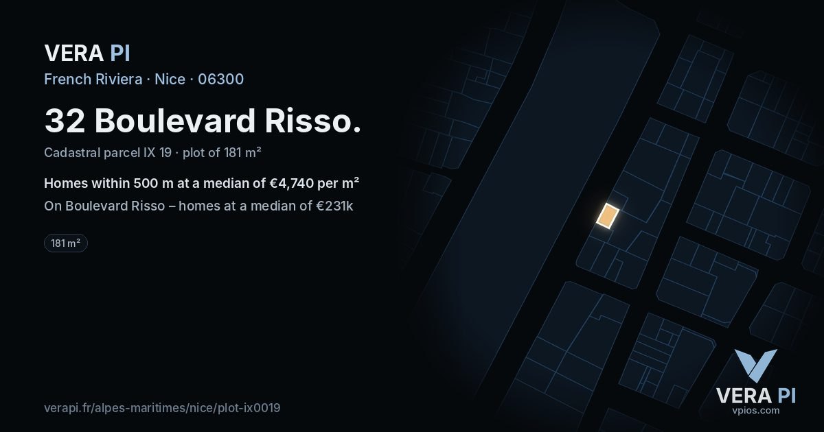 32 Boulevard Risso, Nice at night – the plot lit, the parcels around coloured by the prices near them