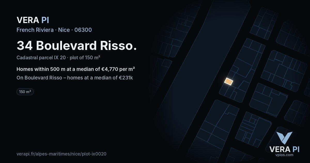 34 Boulevard Risso, Nice at night – the plot lit, the parcels around coloured by the prices near them