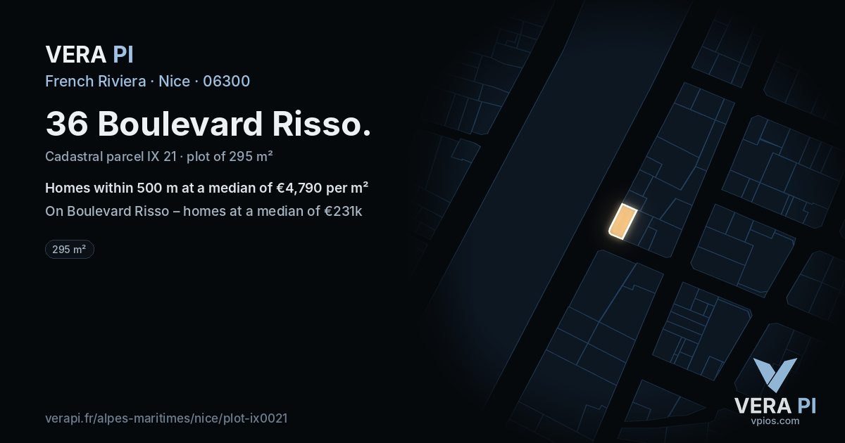 36 Boulevard Risso, Nice at night – the plot lit, the parcels around coloured by the prices near them