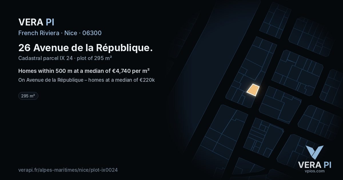 26 Avenue de la République, Nice at night – the plot lit, the parcels around coloured by the prices near them