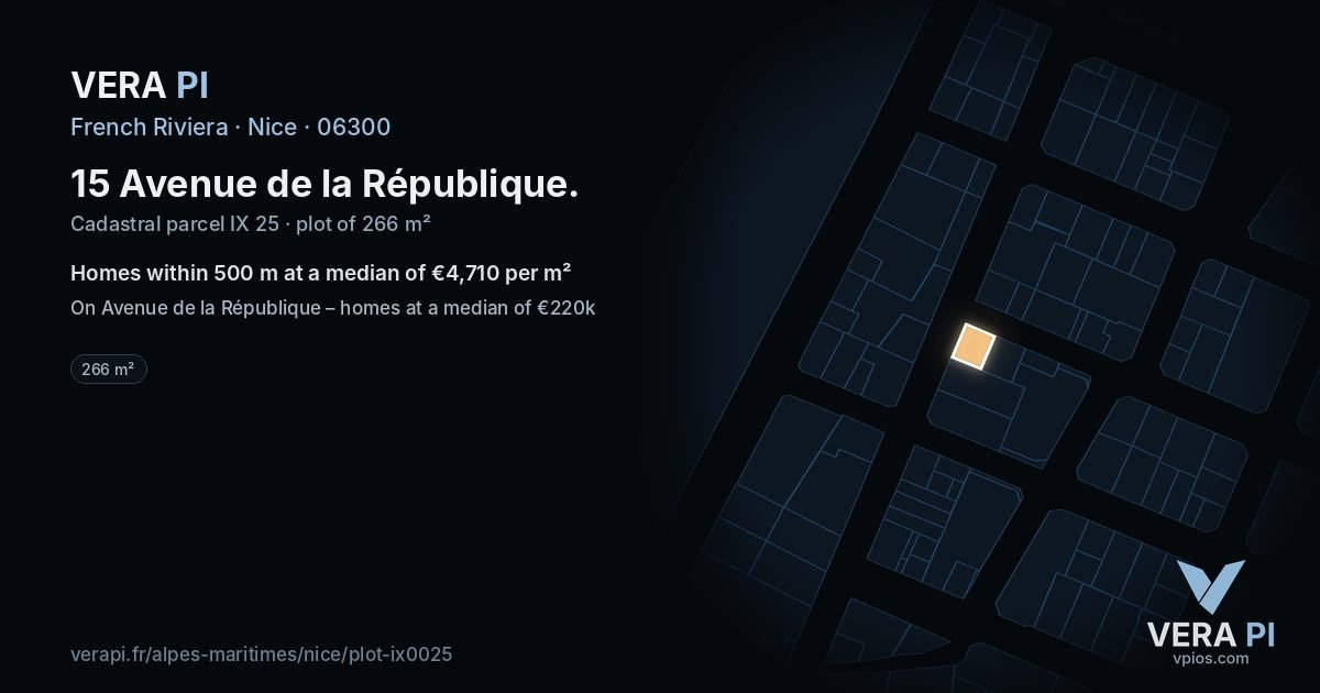 15 Avenue de la République, Nice at night – the plot lit, the parcels around coloured by the prices near them