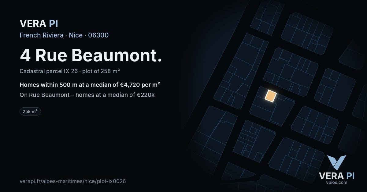 4 Rue Beaumont, Nice at night – the plot lit, the parcels around coloured by the prices near them