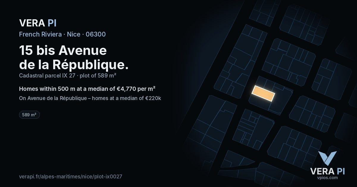 15 bis Avenue de la République, Nice at night – the plot lit, the parcels around coloured by the prices near them