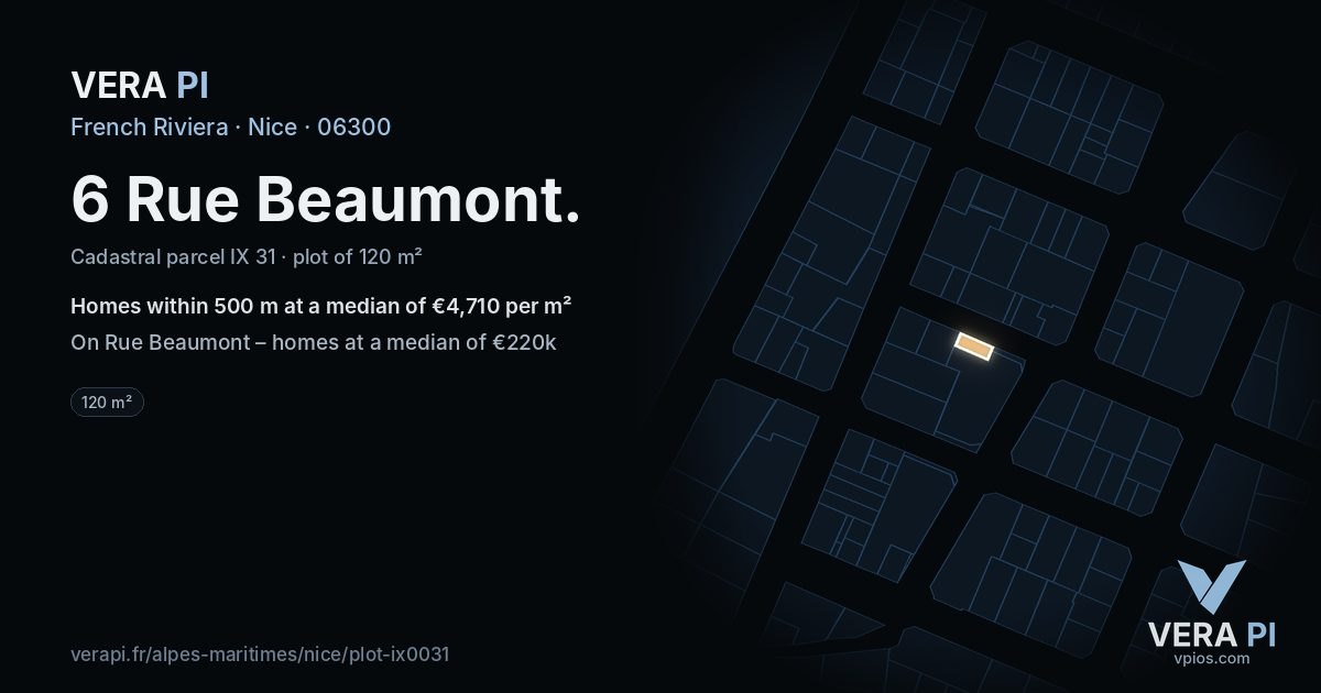 6 Rue Beaumont, Nice at night – the plot lit, the parcels around coloured by the prices near them