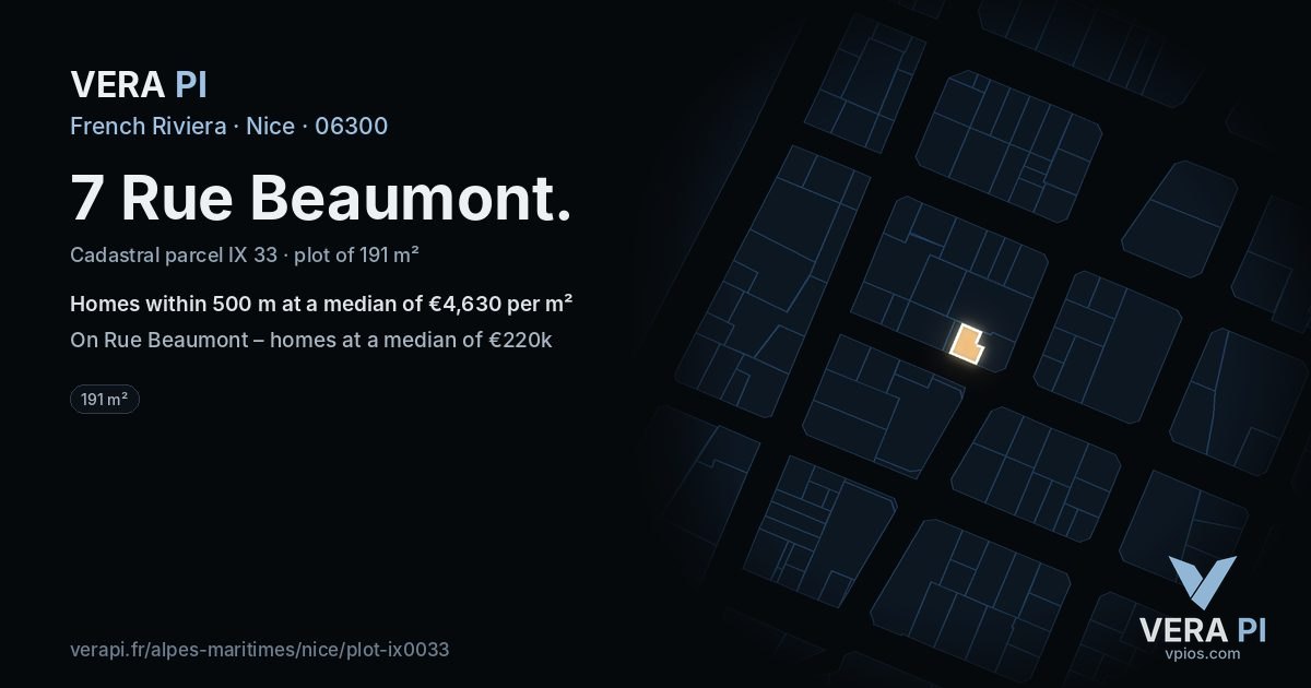 7 Rue Beaumont, Nice at night – the plot lit, the parcels around coloured by the prices near them