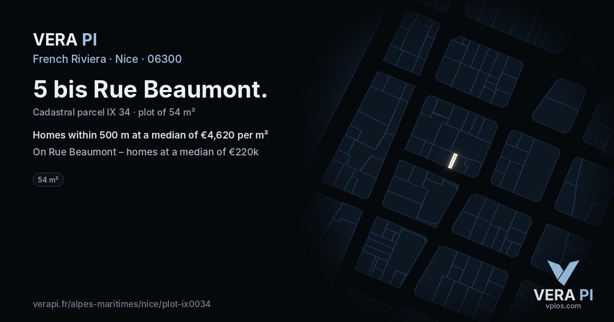 5 bis Rue Beaumont, Nice at night – the plot lit, the parcels around coloured by the prices near them