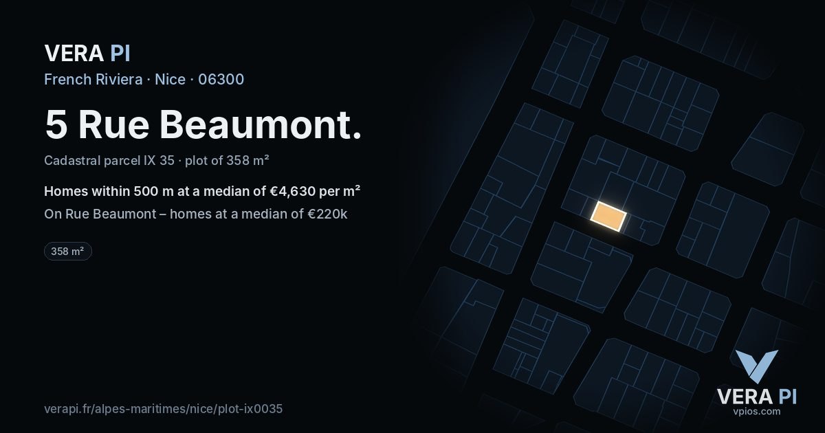 5 Rue Beaumont, Nice at night – the plot lit, the parcels around coloured by the prices near them