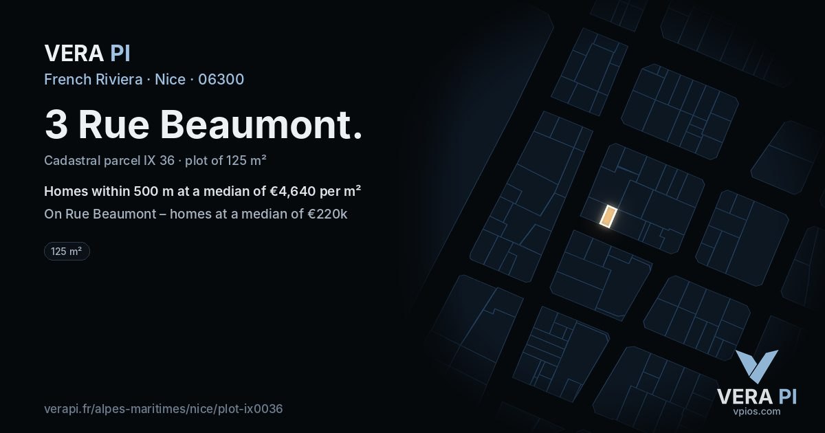 3 Rue Beaumont, Nice at night – the plot lit, the parcels around coloured by the prices near them