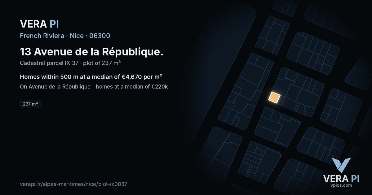 13 Avenue de la République, Nice at night – the plot lit, the parcels around coloured by the prices near them
