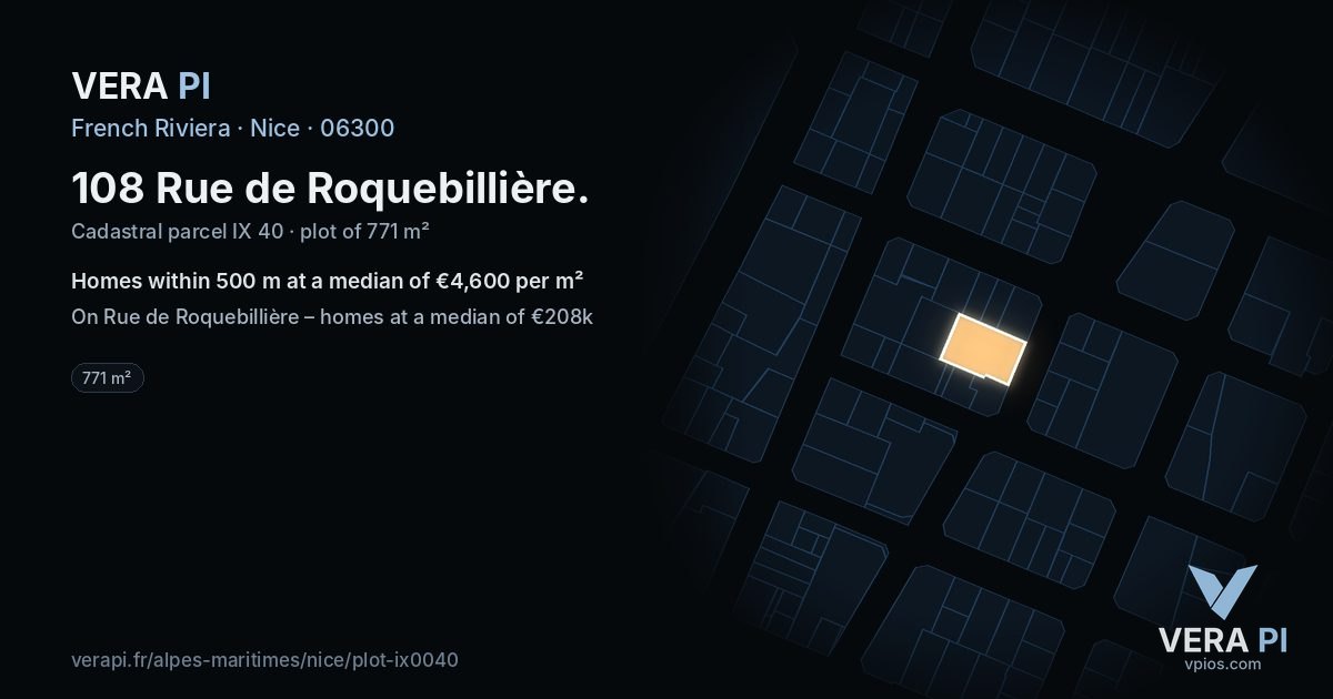 108 Rue de Roquebillière, Nice at night – the plot lit, the parcels around coloured by the prices near them