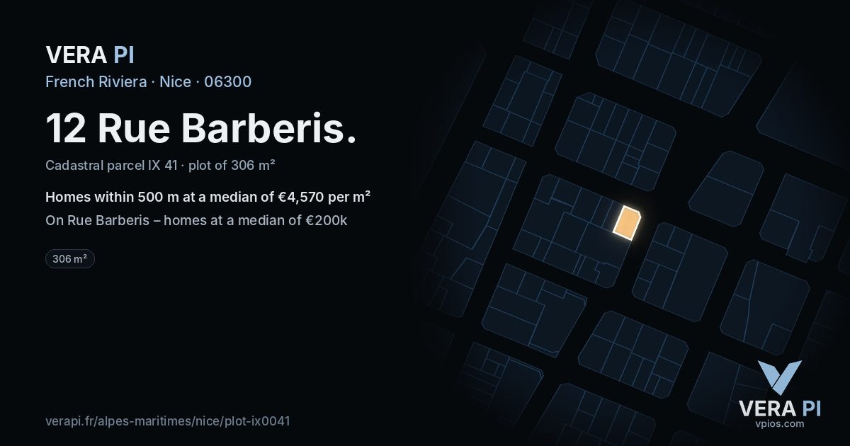 12 Rue Barberis, Nice at night – the plot lit, the parcels around coloured by the prices near them