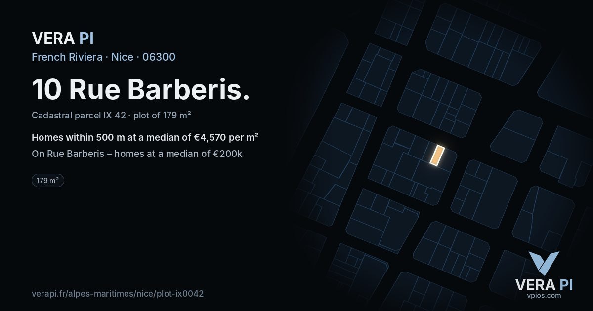 10 Rue Barberis, Nice at night – the plot lit, the parcels around coloured by the prices near them