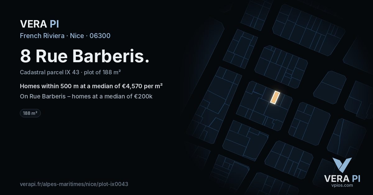 8 Rue Barberis, Nice at night – the plot lit, the parcels around coloured by the prices near them