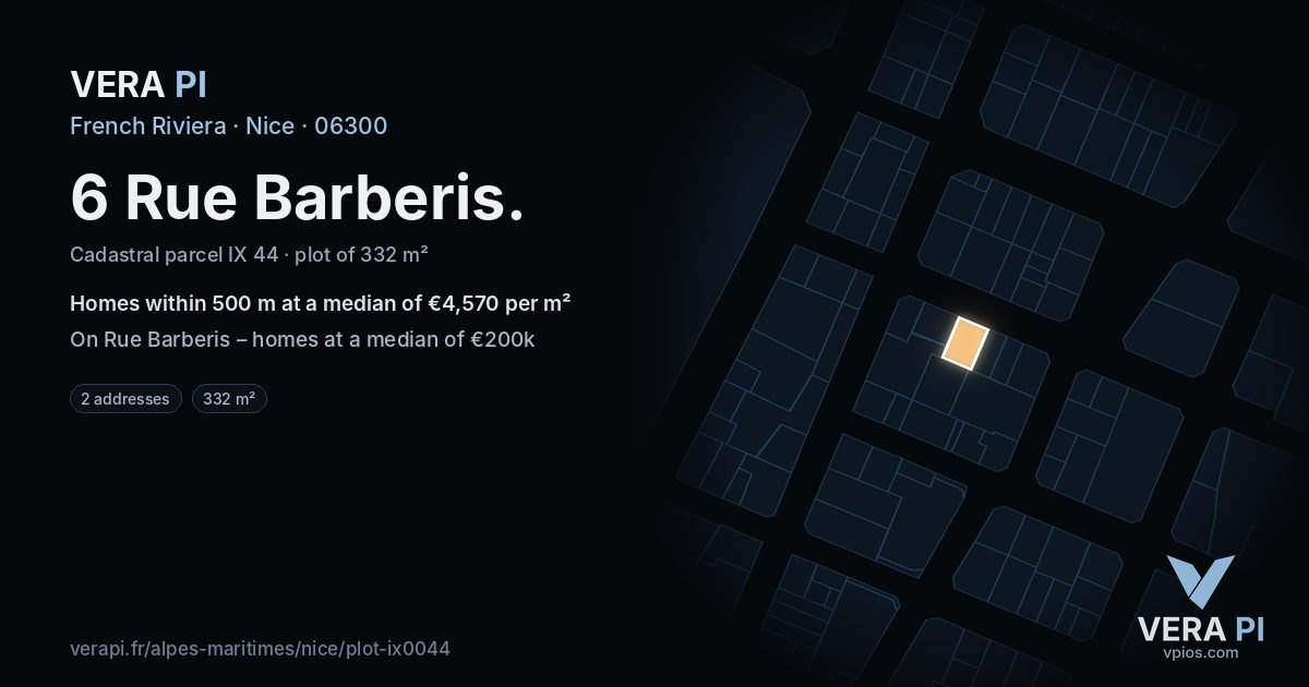 6 Rue Barberis, Nice at night – the plot lit, the parcels around coloured by the prices near them