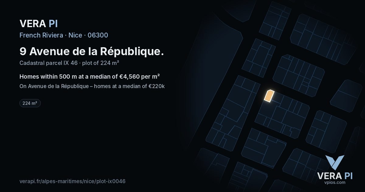 9 Avenue de la République, Nice at night – the plot lit, the parcels around coloured by the prices near them