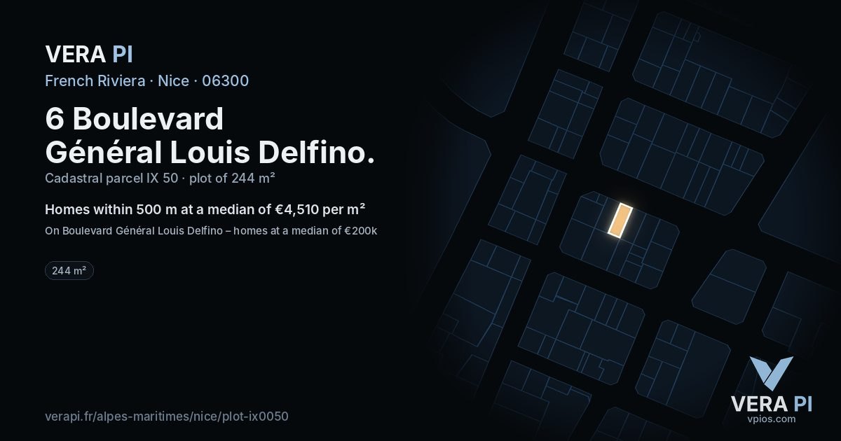 6 Boulevard Général Louis Delfino, Nice at night – the plot lit, the parcels around coloured by the prices near them