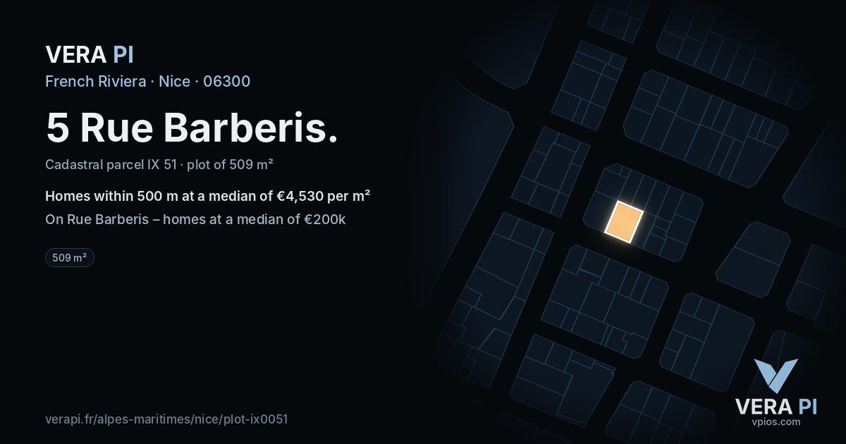 5 Rue Barberis, Nice at night – the plot lit, the parcels around coloured by the prices near them