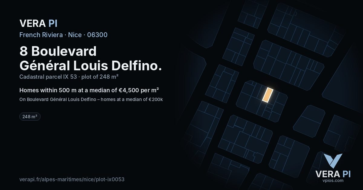 8 Boulevard Général Louis Delfino, Nice at night – the plot lit, the parcels around coloured by the prices near them