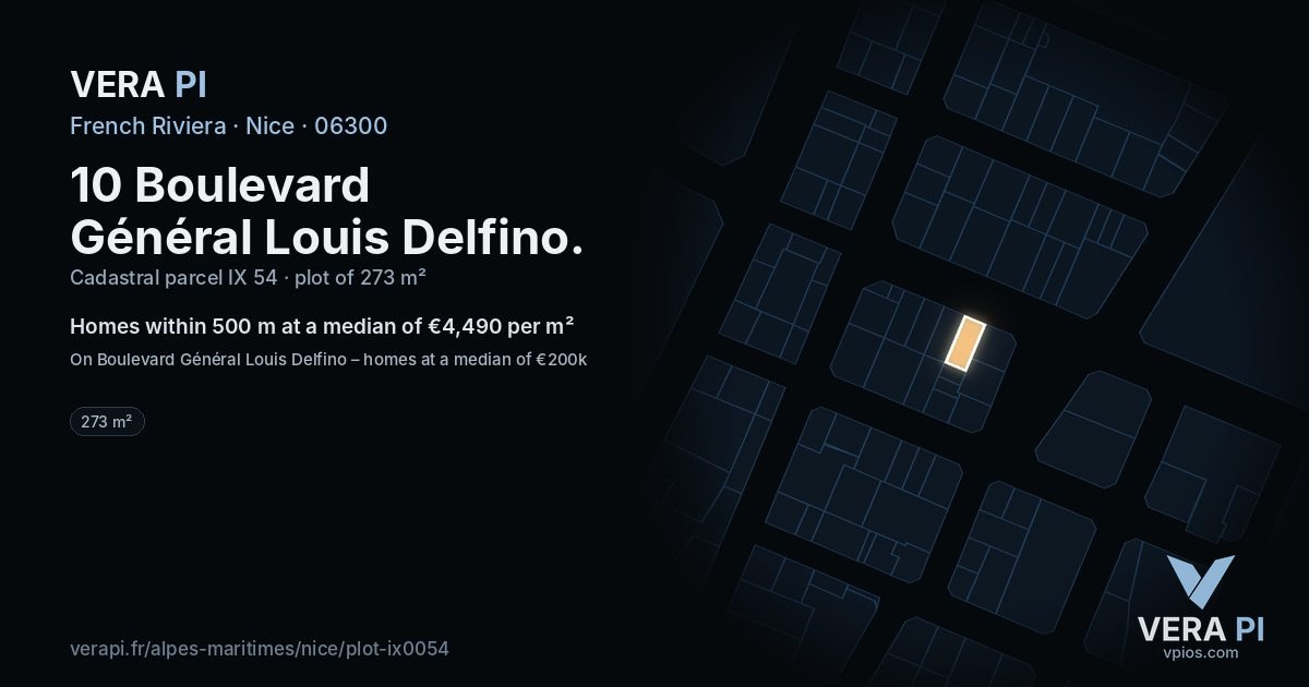 10 Boulevard Général Louis Delfino, Nice at night – the plot lit, the parcels around coloured by the prices near them