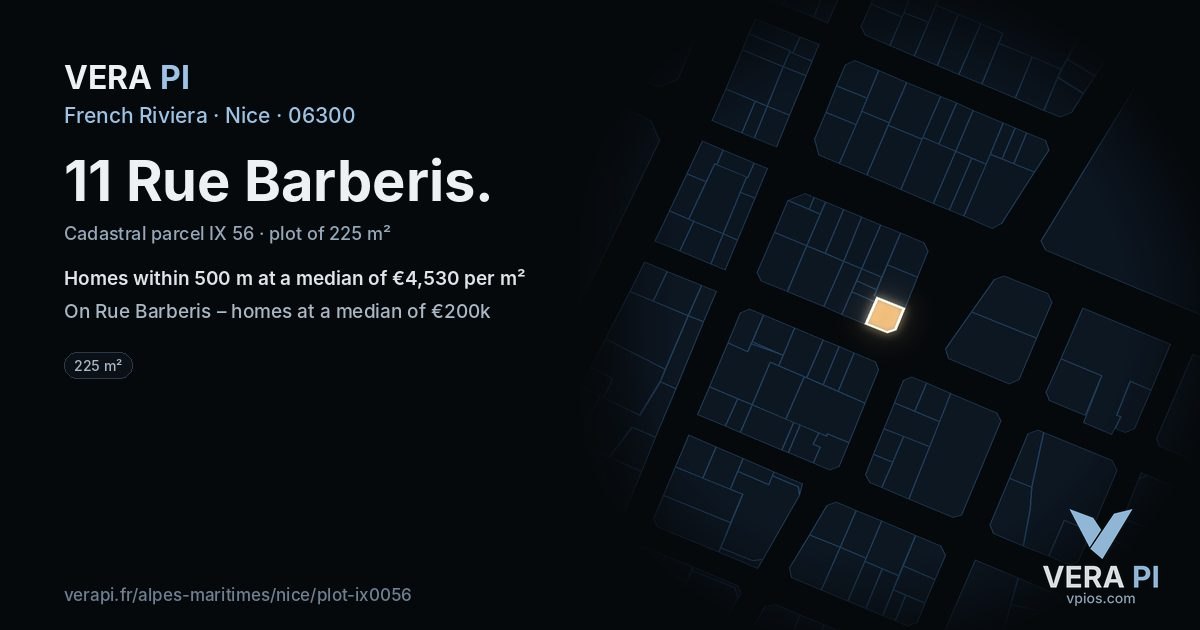 11 Rue Barberis, Nice at night – the plot lit, the parcels around coloured by the prices near them