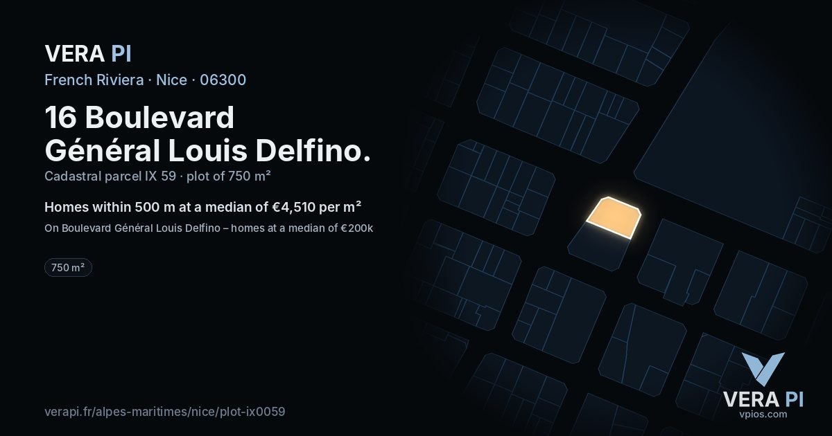 16 Boulevard Général Louis Delfino, Nice at night – the plot lit, the parcels around coloured by the prices near them