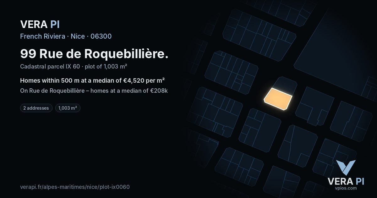 99 Rue de Roquebillière, Nice at night – the plot lit, the parcels around coloured by the prices near them