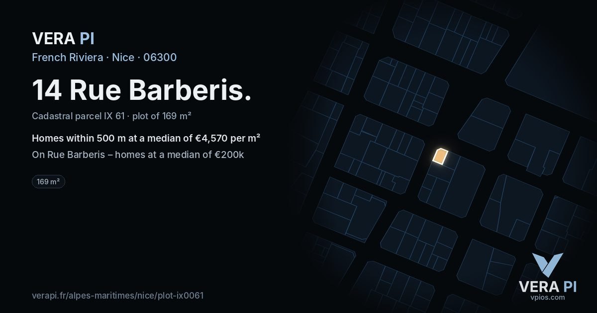 14 Rue Barberis, Nice at night – the plot lit, the parcels around coloured by the prices near them