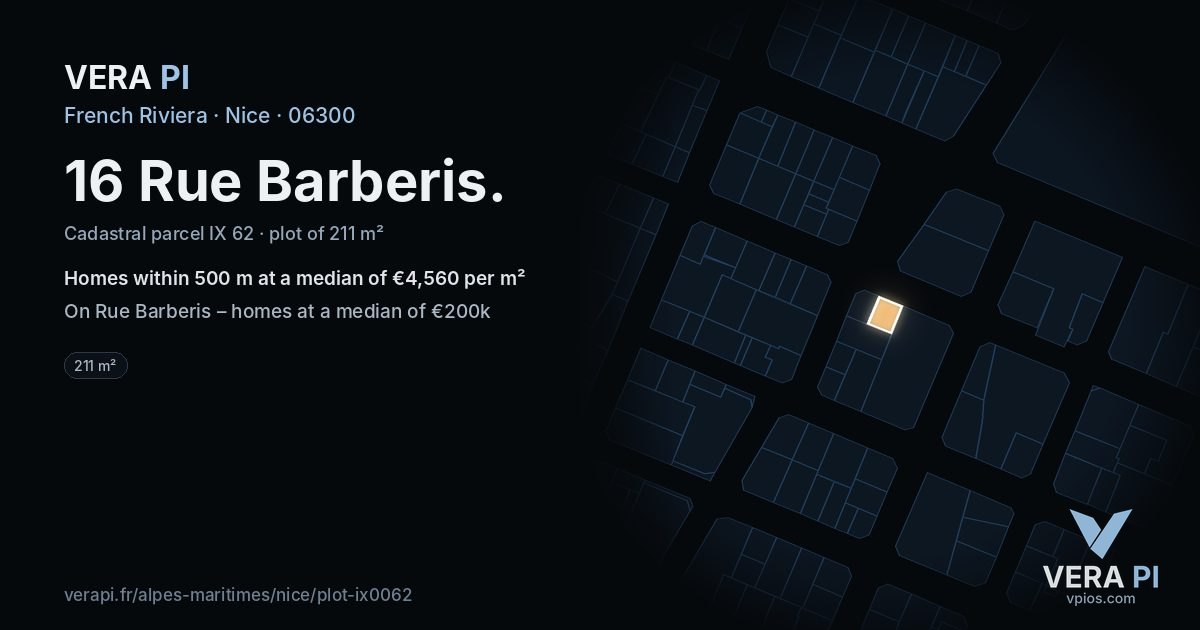 16 Rue Barberis, Nice at night – the plot lit, the parcels around coloured by the prices near them