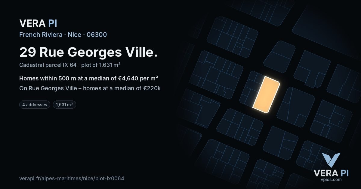 29 Rue Georges Ville, Nice at night – the plot lit, the parcels around coloured by the prices near them