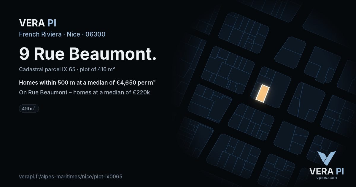 9 Rue Beaumont, Nice at night – the plot lit, the parcels around coloured by the prices near them