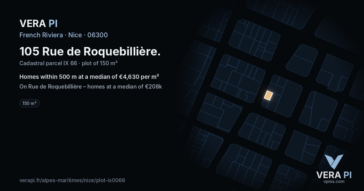 105 Rue de Roquebillière, Nice at night – the plot lit, the parcels around coloured by the prices near them