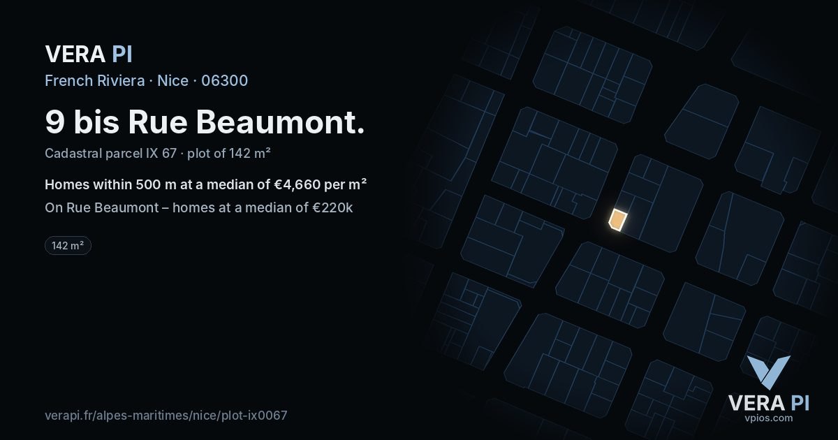 9 bis Rue Beaumont, Nice at night – the plot lit, the parcels around coloured by the prices near them