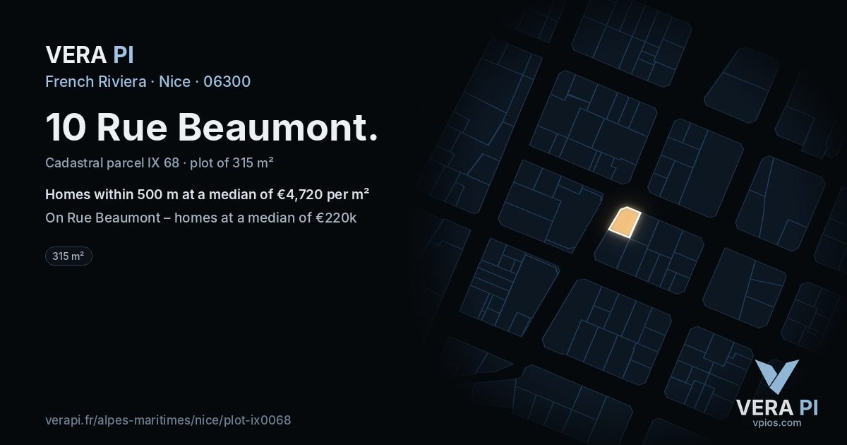 10 Rue Beaumont, Nice at night – the plot lit, the parcels around coloured by the prices near them