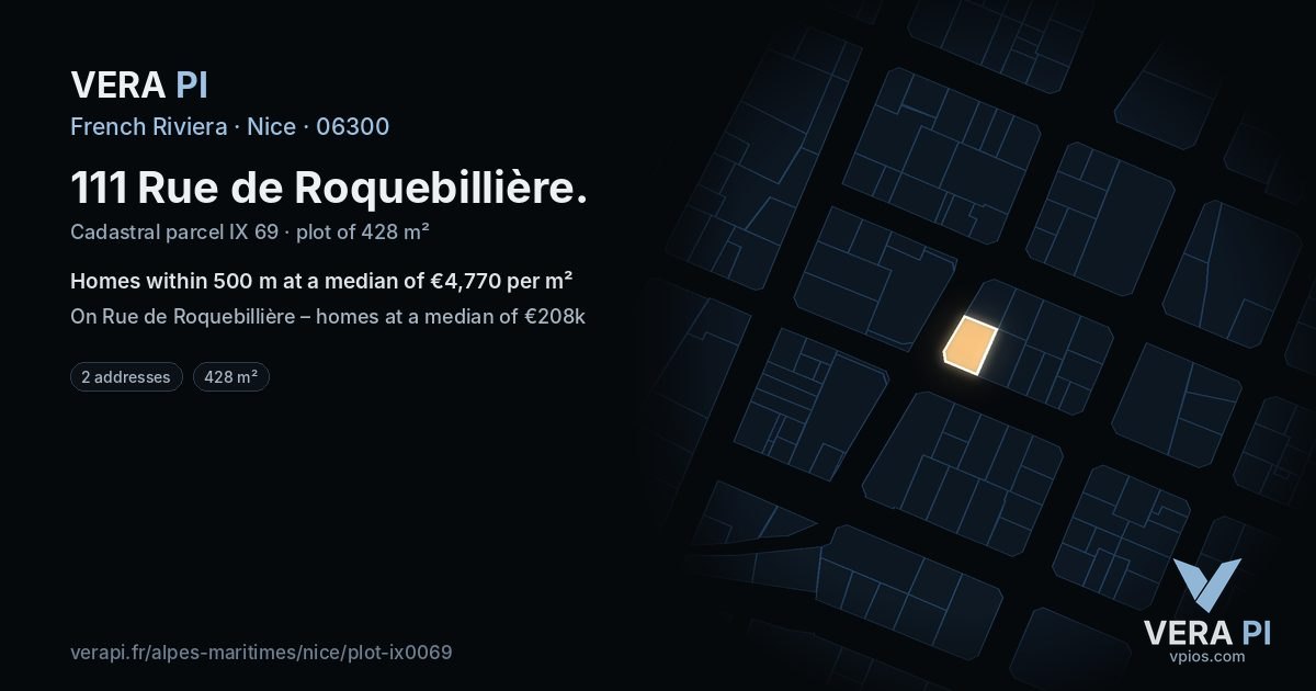 111 Rue de Roquebillière, Nice at night – the plot lit, the parcels around coloured by the prices near them