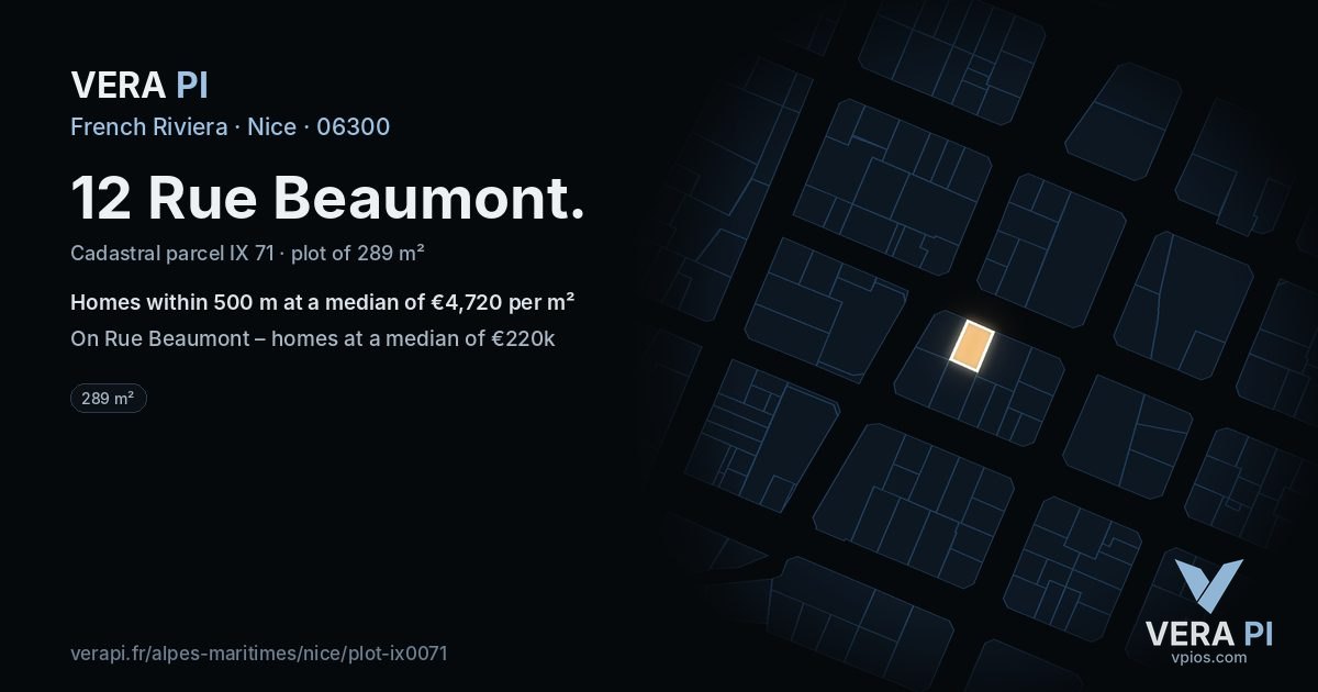 12 Rue Beaumont, Nice at night – the plot lit, the parcels around coloured by the prices near them