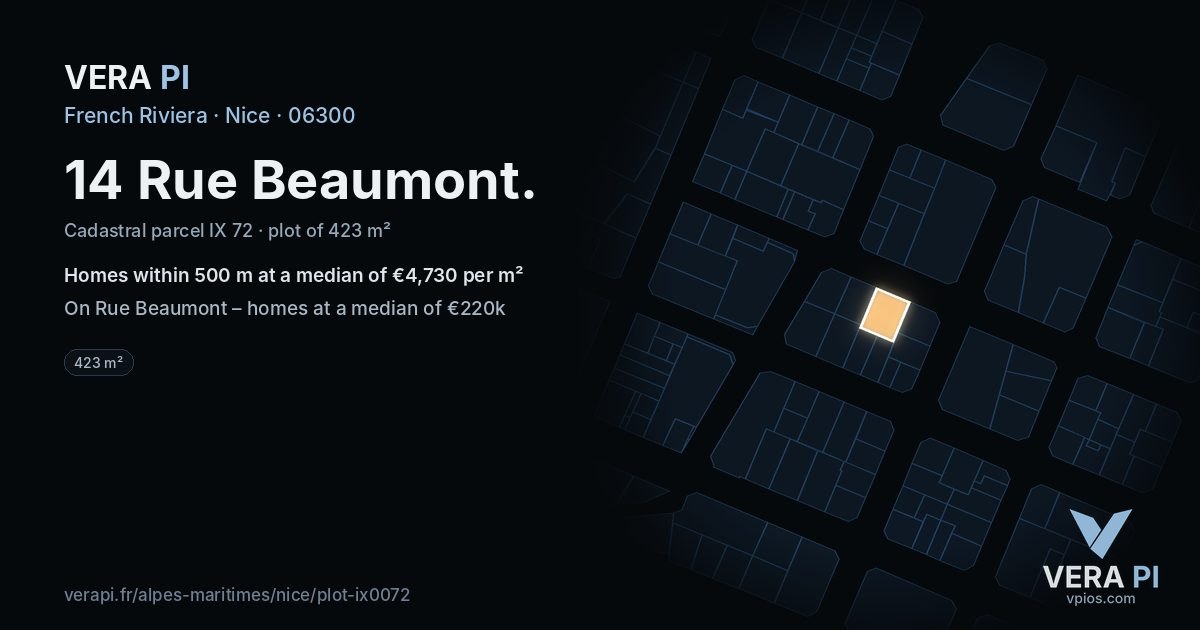 14 Rue Beaumont, Nice at night – the plot lit, the parcels around coloured by the prices near them