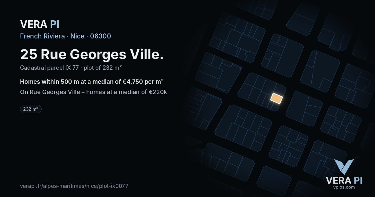 25 Rue Georges Ville, Nice at night – the plot lit, the parcels around coloured by the prices near them