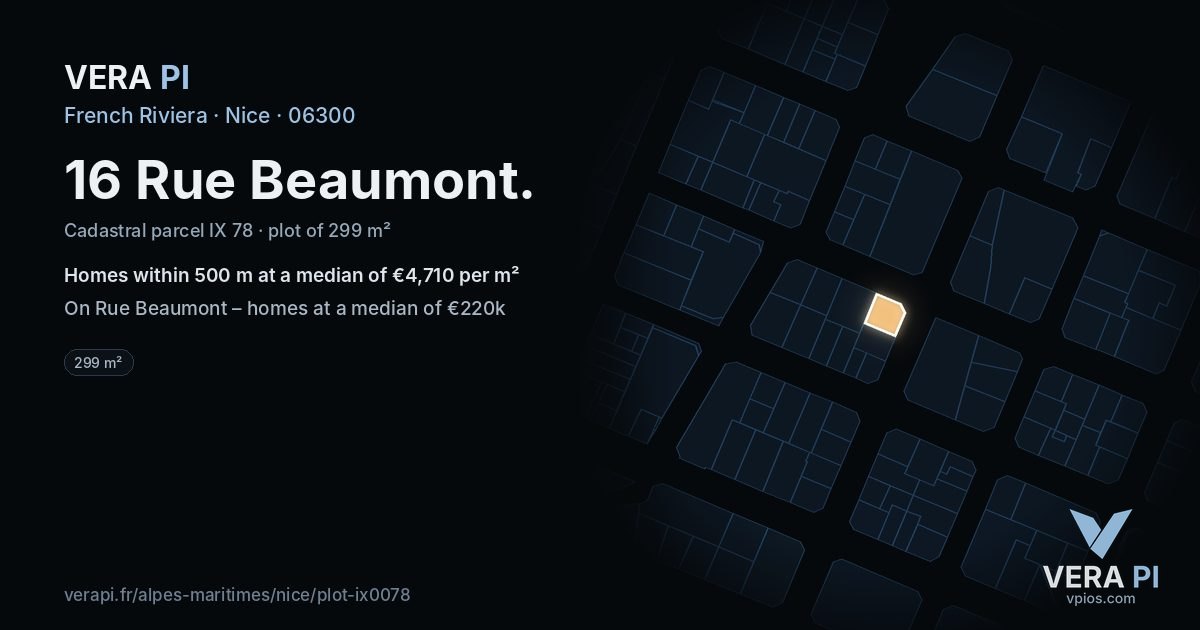 16 Rue Beaumont, Nice at night – the plot lit, the parcels around coloured by the prices near them