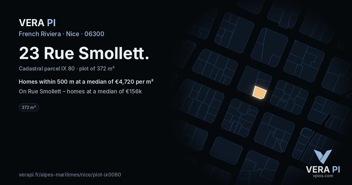 23 Rue Smollett, Nice at night – the plot lit, the parcels around coloured by the prices near them
