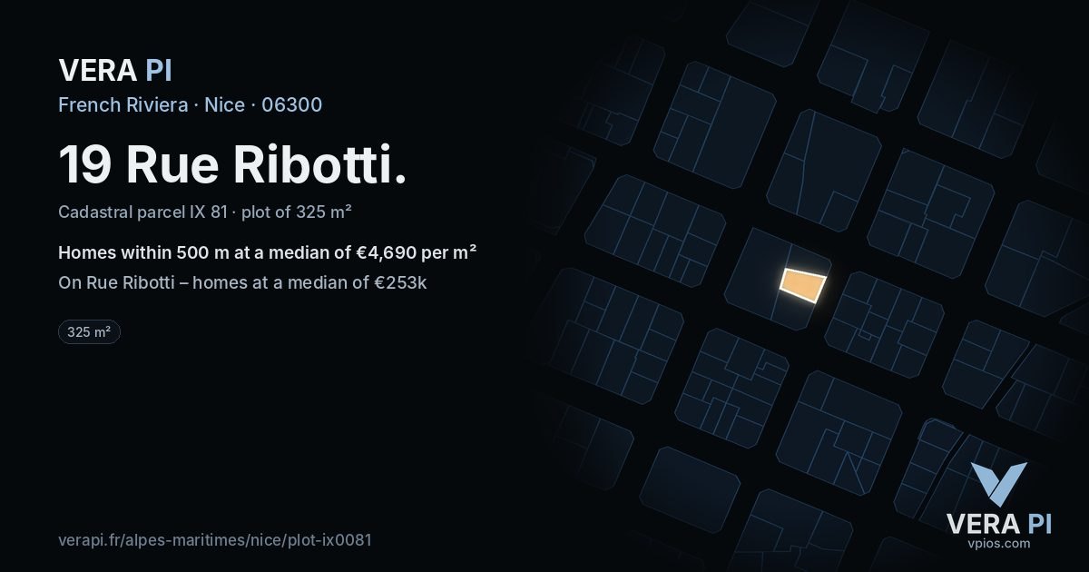 19 Rue Ribotti, Nice at night – the plot lit, the parcels around coloured by the prices near them
