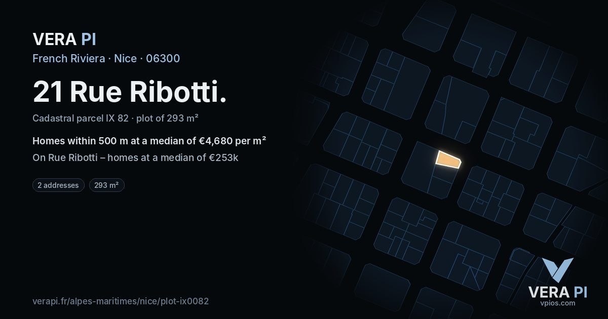 21 Rue Ribotti, Nice at night – the plot lit, the parcels around coloured by the prices near them
