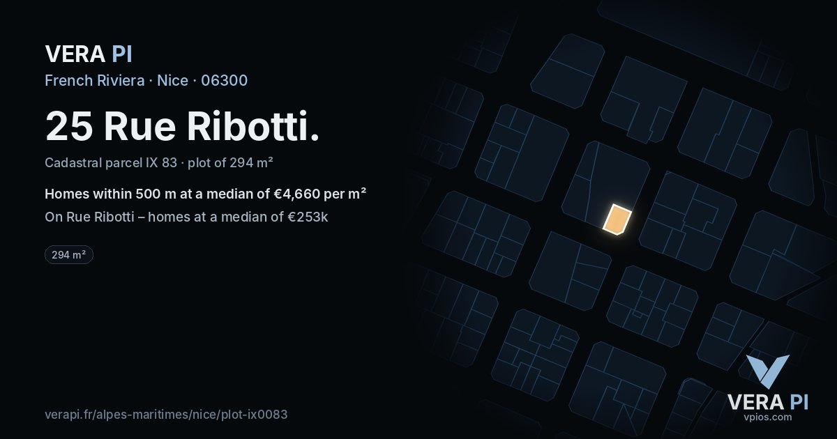 25 Rue Ribotti, Nice at night – the plot lit, the parcels around coloured by the prices near them